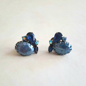 Vintage Blue Crystal Clip On Earrings